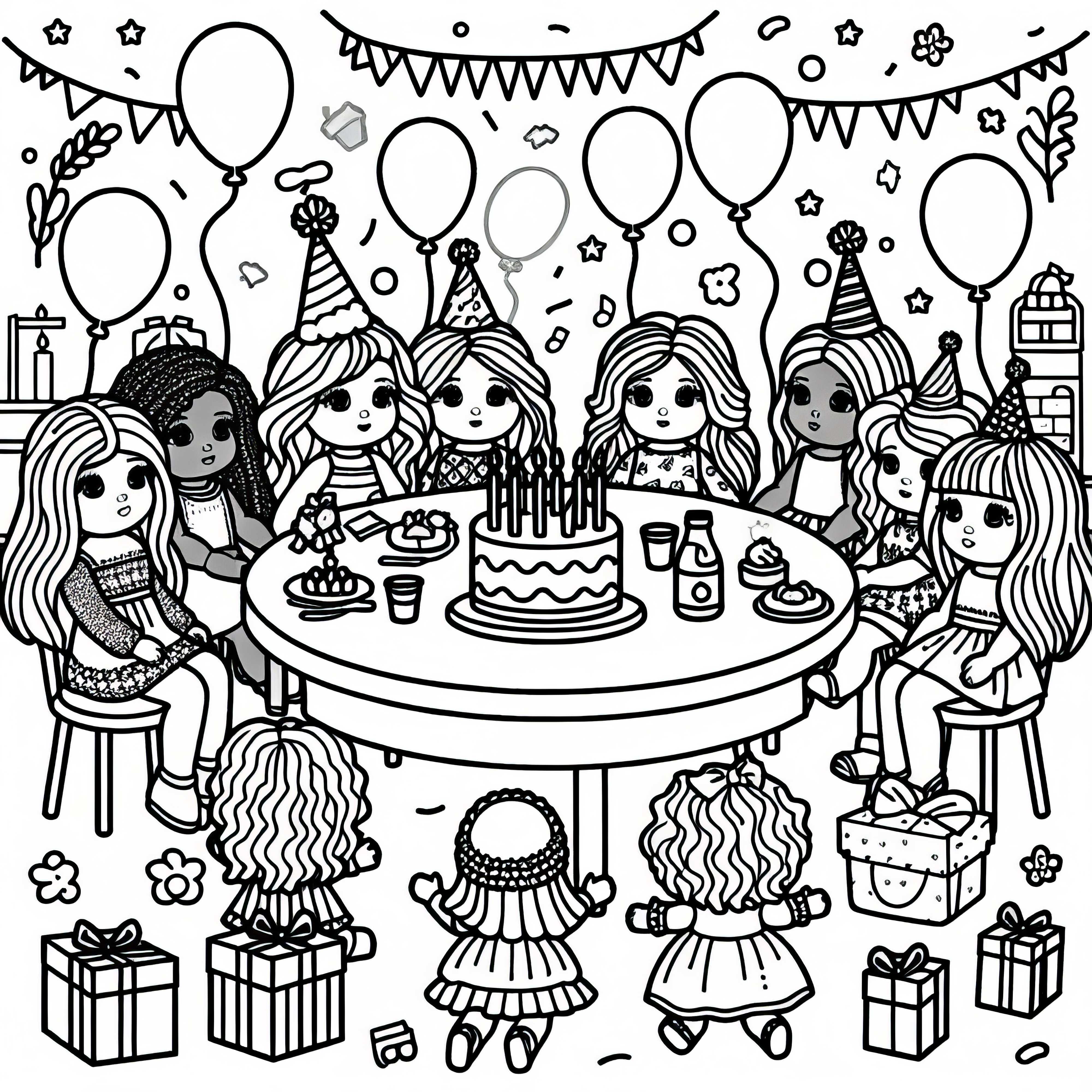 Куклы уютно сидят вокруг маленького стола и празднуют день рождения – бесплатная раскраска Куклы уютно сидят вокруг маленького стола и празднуют день рождения – Бесплатная раскраска