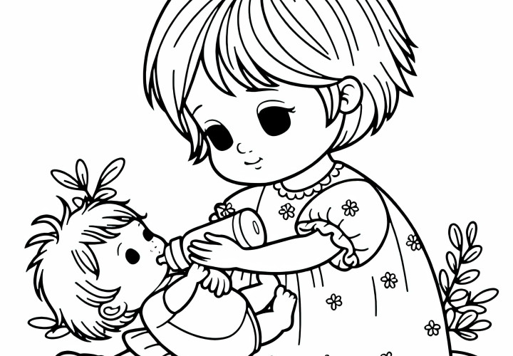Ребенок lovingly держит куклу на руках и дает ей бутылочку - раскраска бесплатно