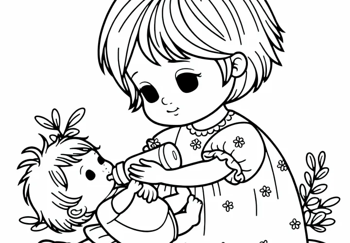 Ребенок lovingly держит куклу на руках и дает ей бутылочку - раскраска бесплатно