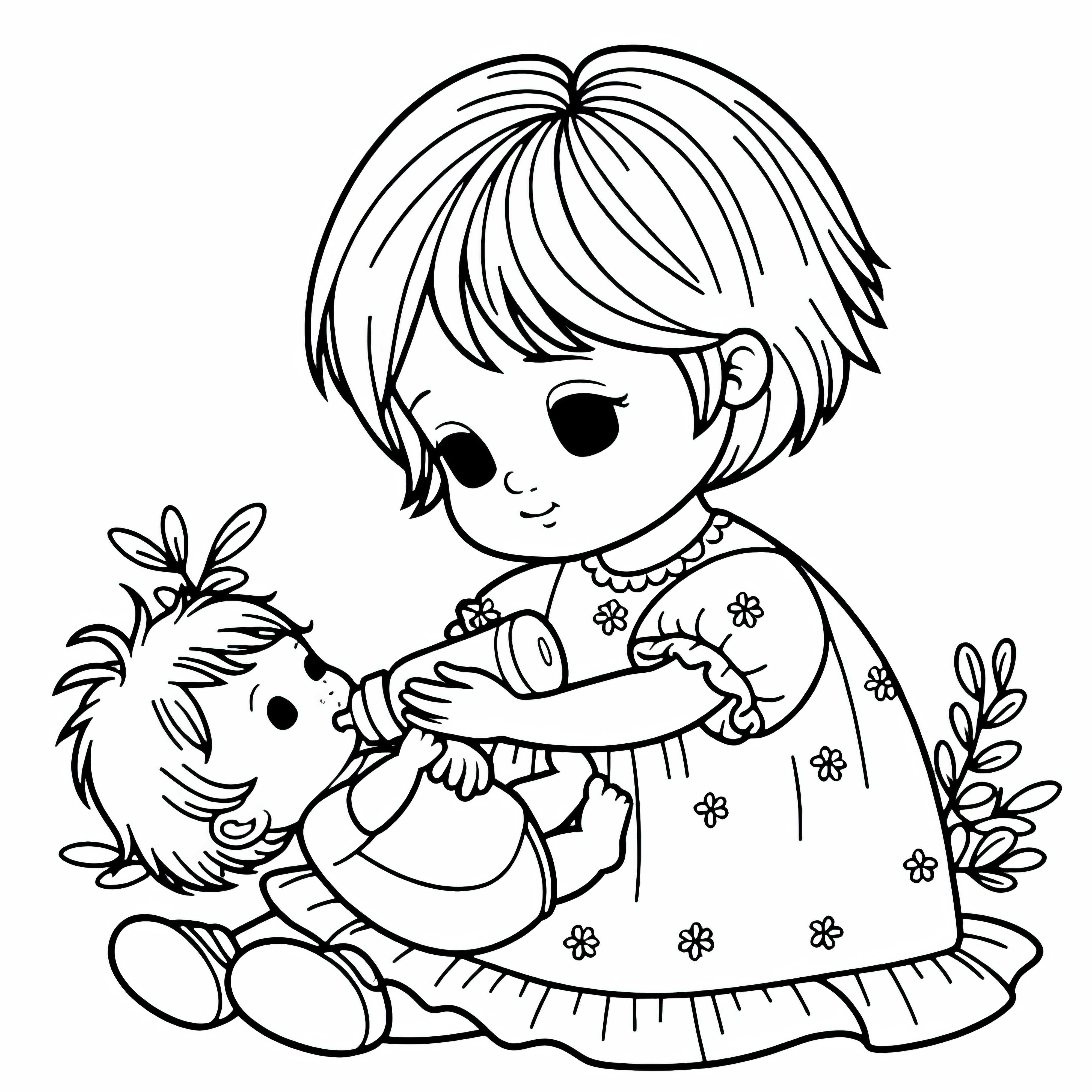 Ребенок нежно держит куклу на руках и кормит ее бутылочкой – бесплатная раскраска