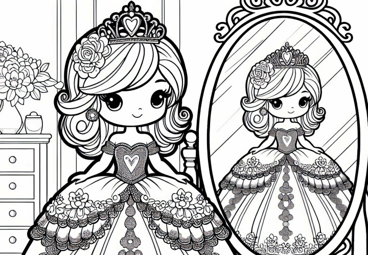 Принцесса кукла гордо стоит перед зеркалом в великолепном платье – бесплатная раскраска