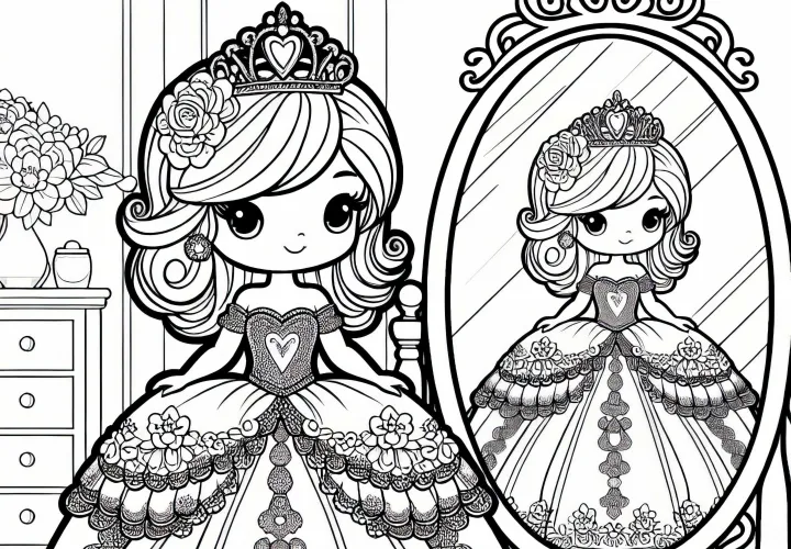Принцесса кукла гордо стоит перед зеркалом в великолепном платье – бесплатная раскраска
