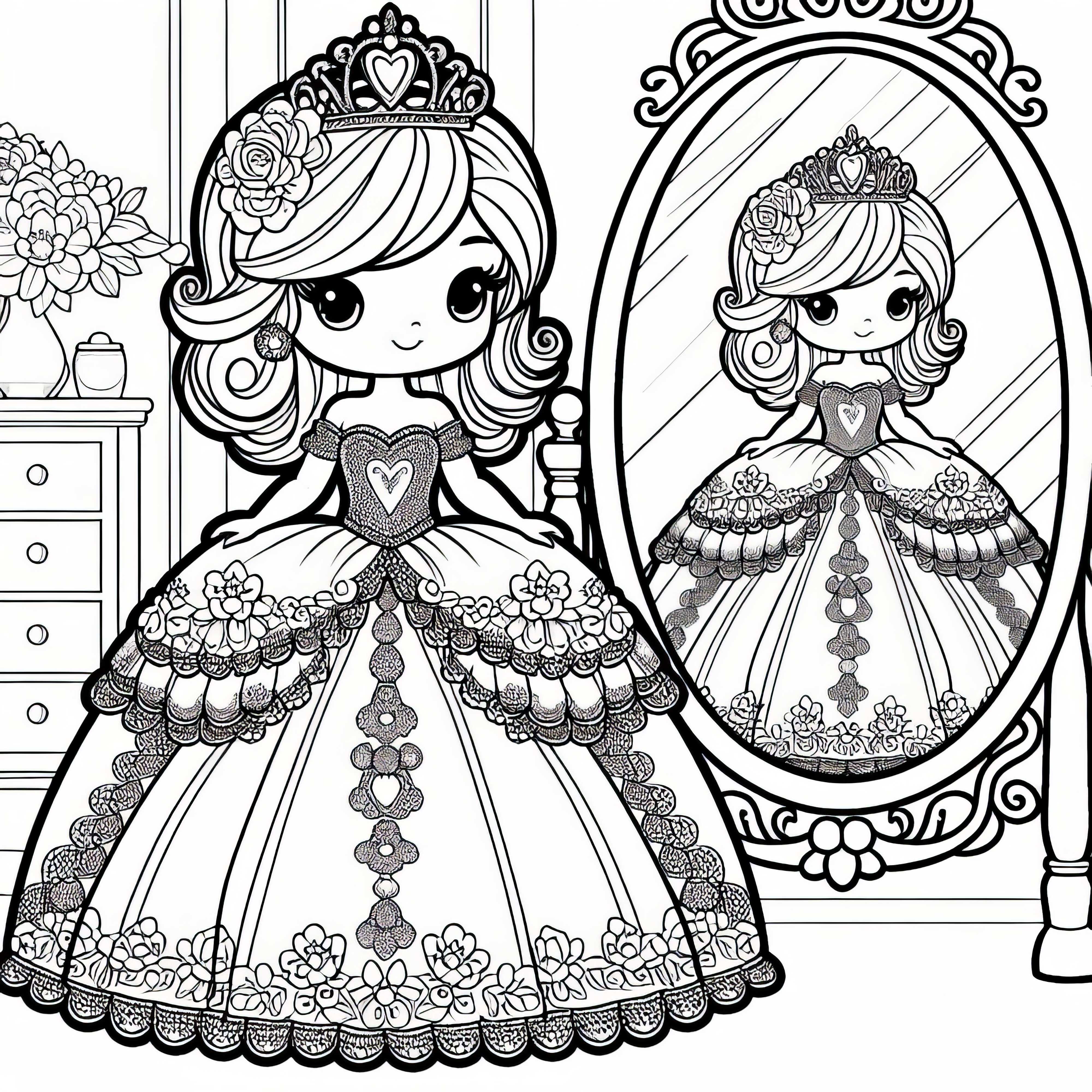 Принцесса-куклу гордо стоит в шикарном платье перед зеркалом – раскраска бесплатно Принцесская кукла гордо стоит в великолепном платье перед зеркалом – Бесплатный раскраска