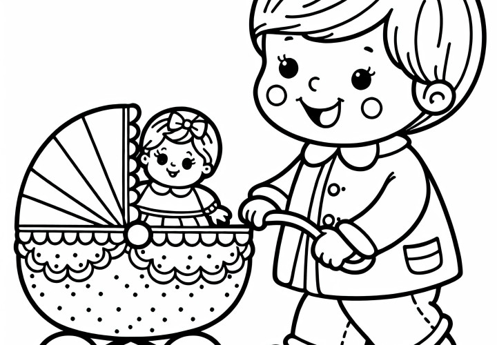 Ребёнок вывозит куклу в кукольной коляске – бесплатная раскраска