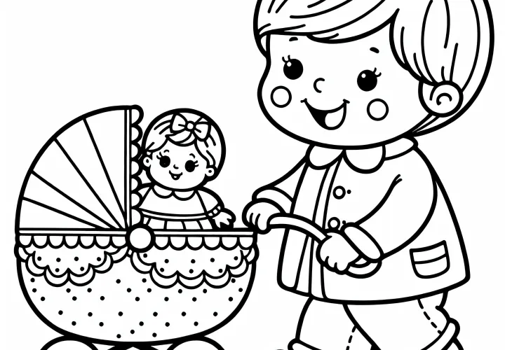 Ребёнок вывозит куклу в кукольной коляске – бесплатная раскраска