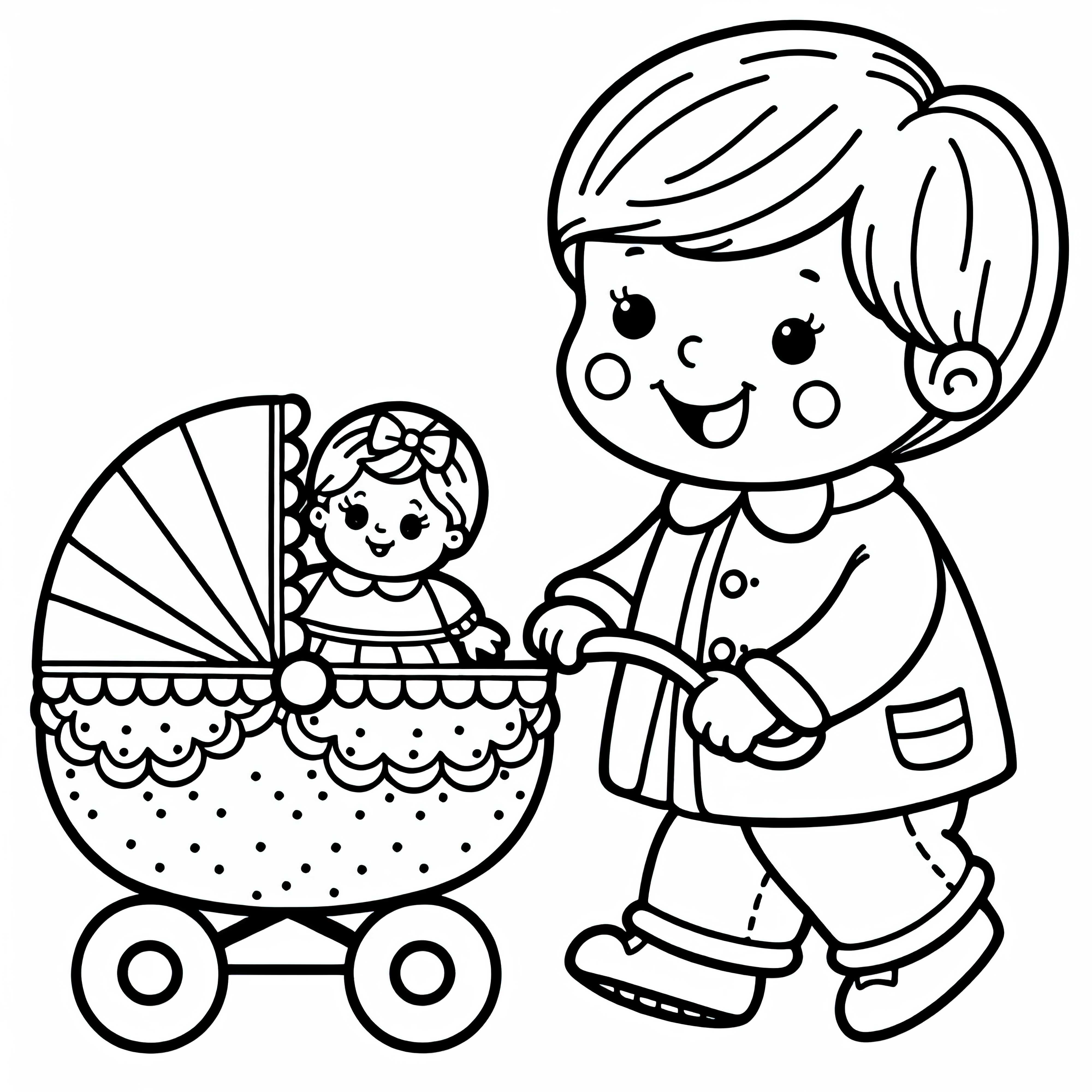Ребёнок катает куклу в кукольной коляске – Раскраска бесплатно