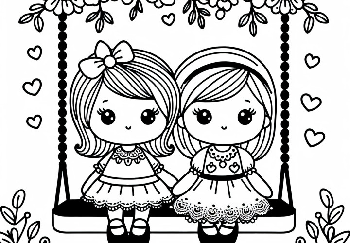 Две куклы сидят рядом на качелях – бесплатная раскраска