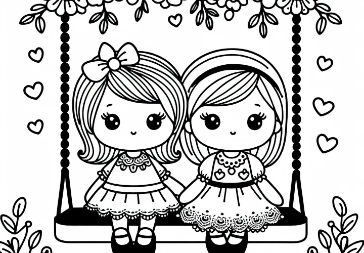 Две куклы сидят рядом на качелях – бесплатная раскраска