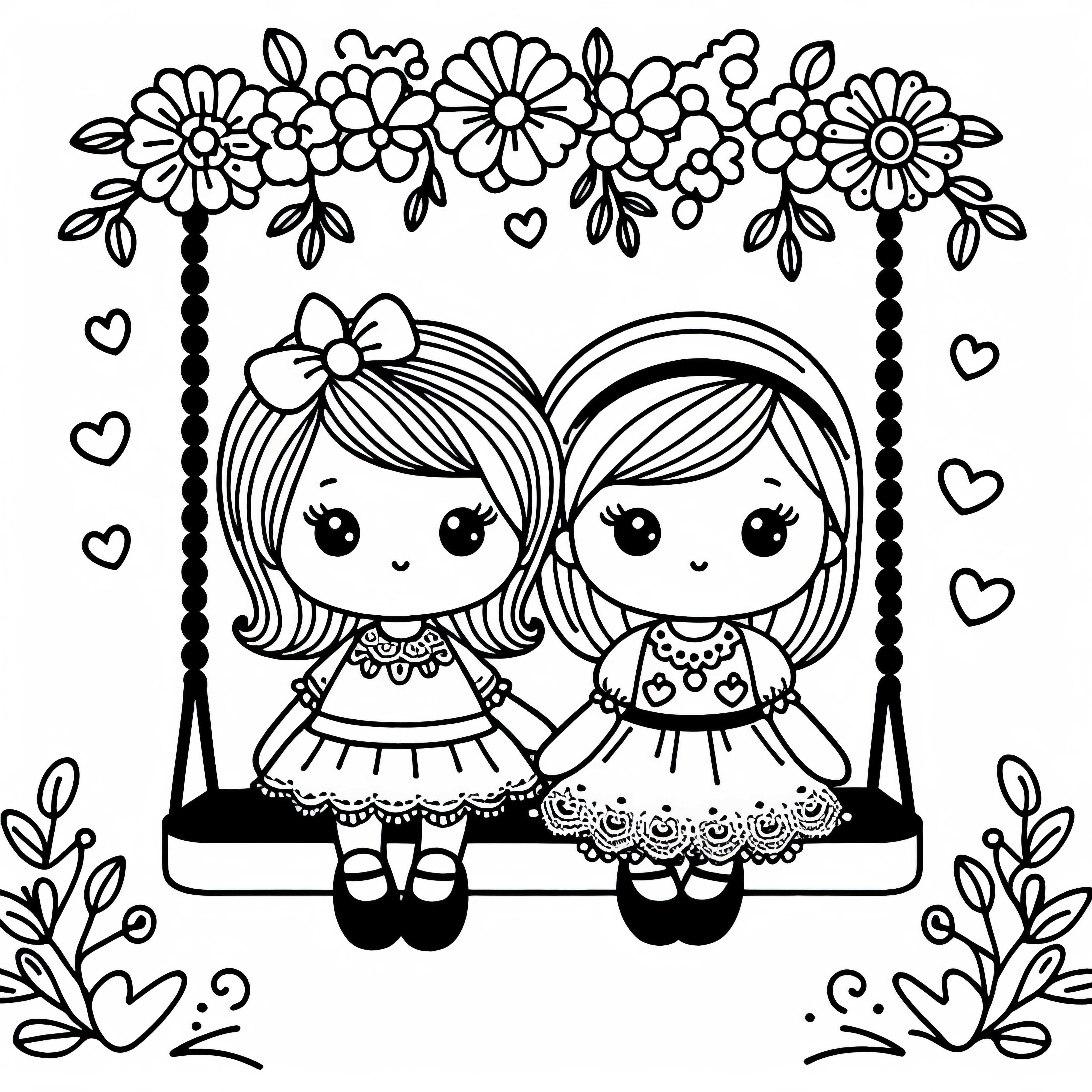 Две куклы сидят рядом на качелях – бесплатный раскраска Две куклы сидят рядом друг с другом на качелях – бесплатный раскраска