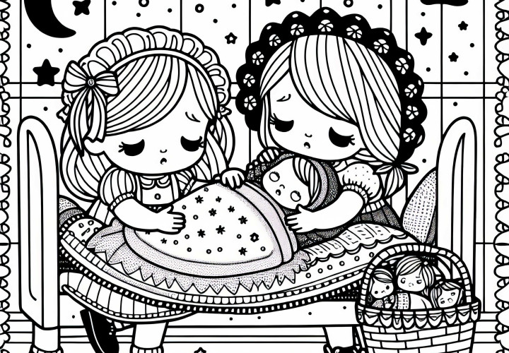 Куклы укладываются в кукольную кроватку и заботливо накрываются - Бесплатная раскраска