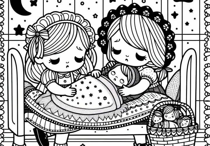 Куклы укладываются в кукольную кроватку и заботливо накрываются - Бесплатная раскраска
