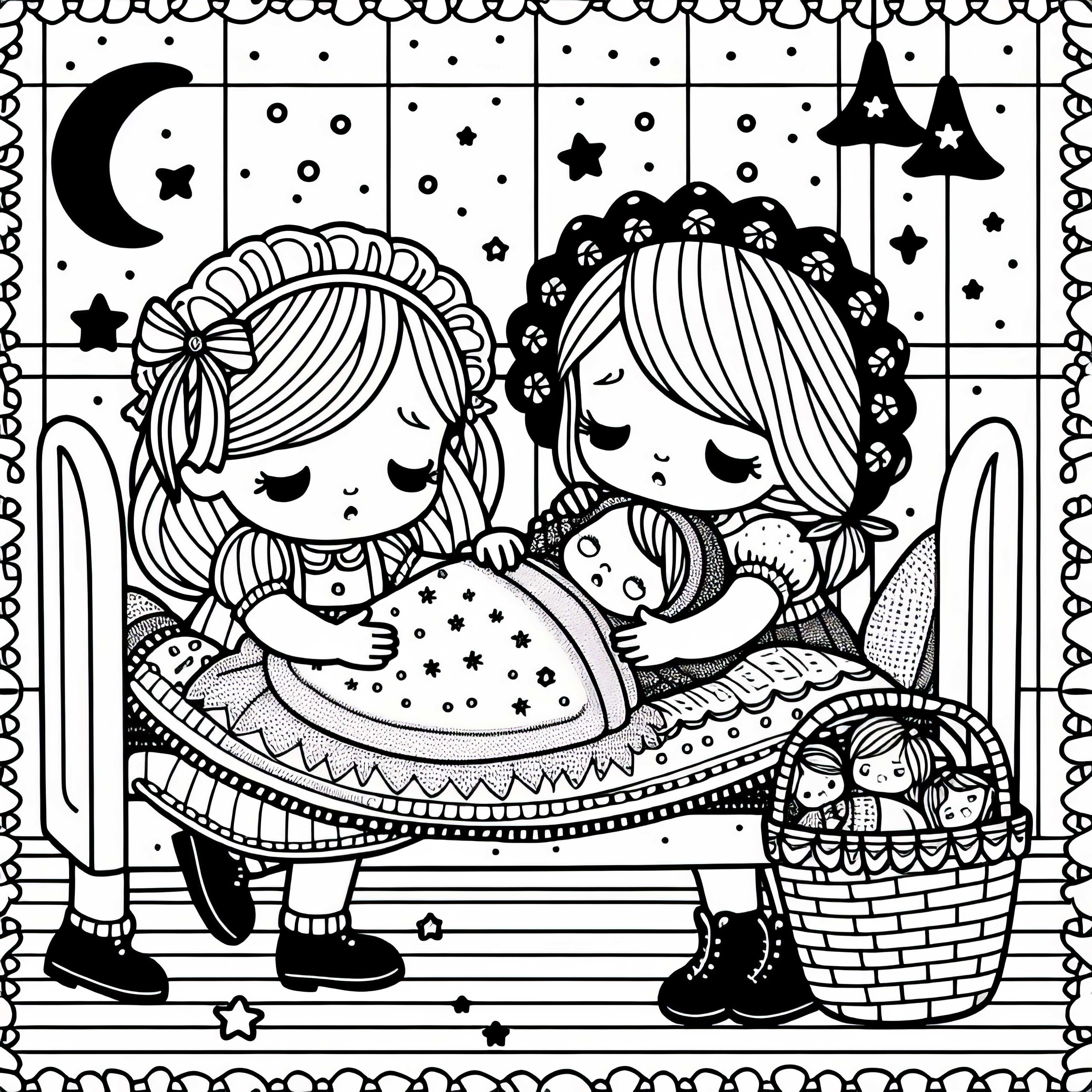 Куклы укладываются в кукольную кроватку и заботливо укрываются - Бесплатная раскраска Куклы укладываются в кукольную кроватку и заботливо укрываются - Раскраска бесплатно