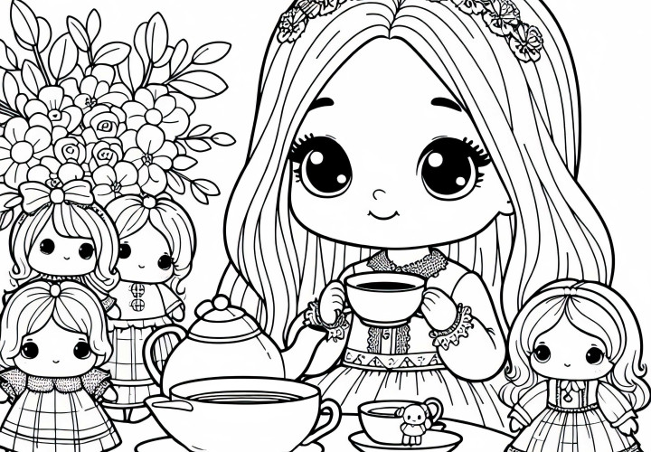 Ребенок играет с куклами и маленькими чайными чашками – Уютный чаепитие