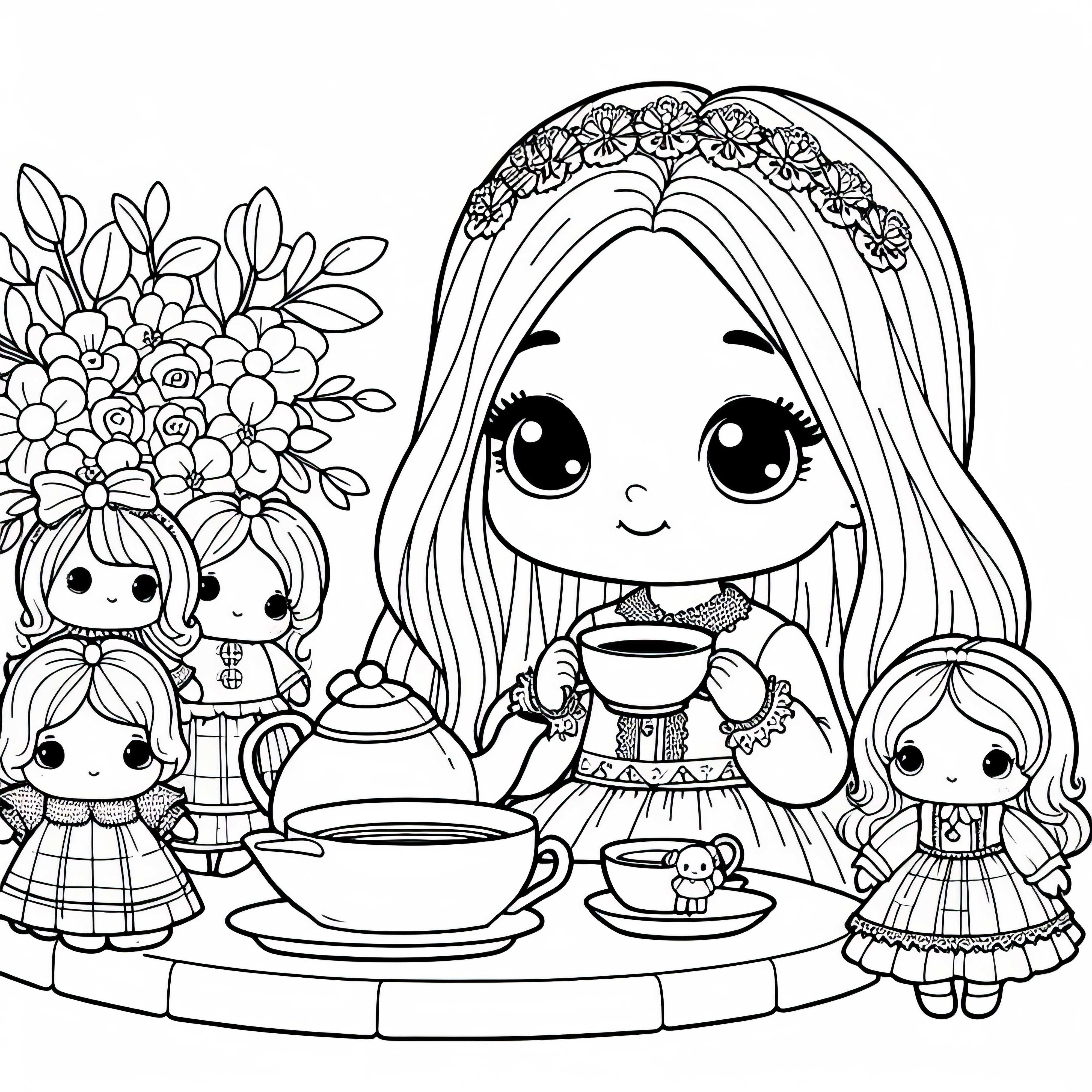 Ребёнок играет с куклами и маленькими чайными чашками – уютный чаепитие Ребёнок играет с куклами и маленькими чайными чашками – Уютный чайный час