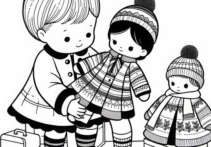 Кукла осторожно одевается ребенком в новую одежду – раскраска бесплатно