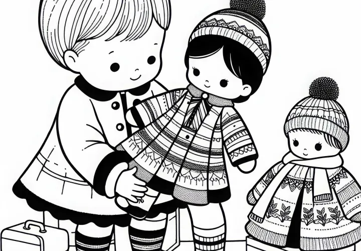 Кукла осторожно одевается ребенком в новую одежду – раскраска бесплатно