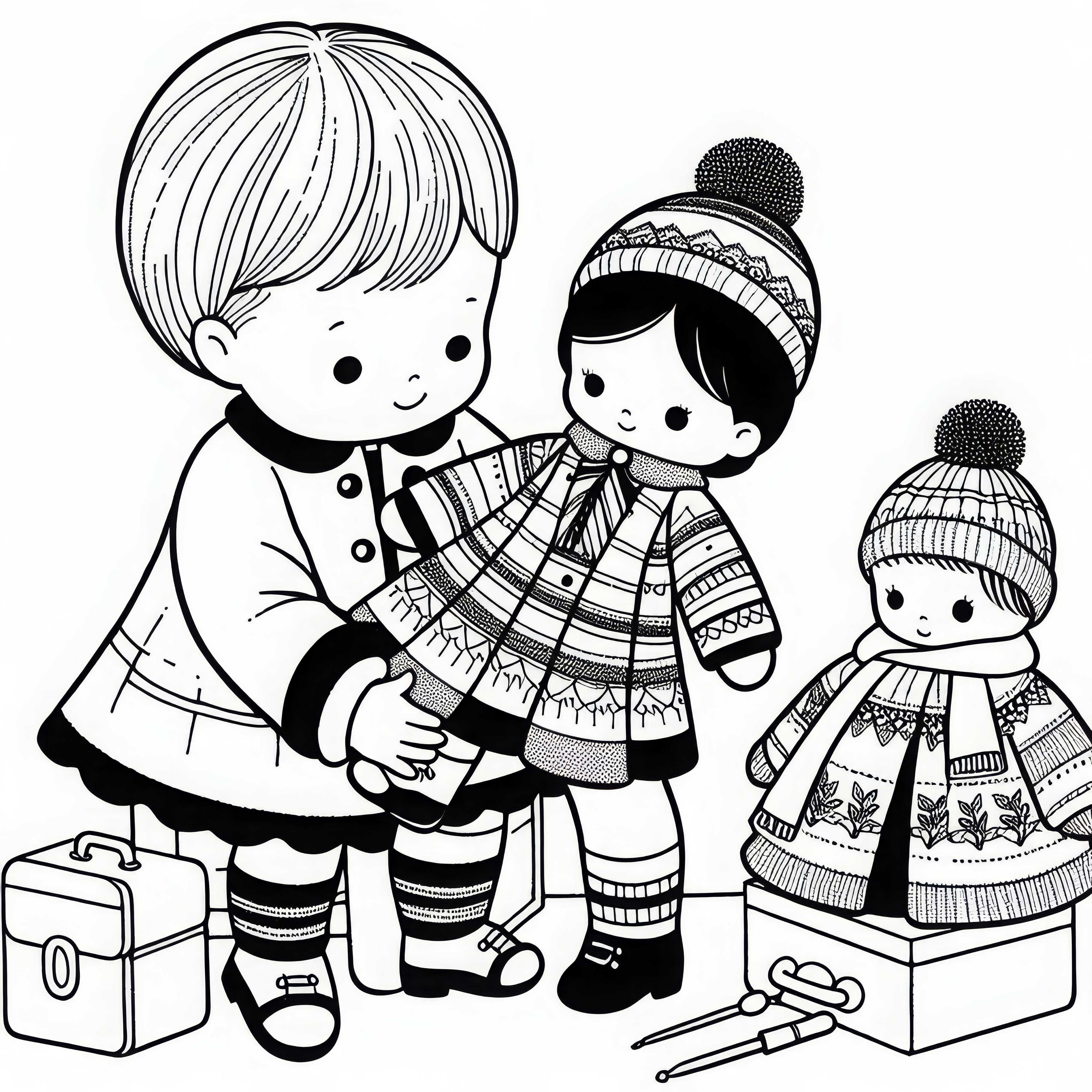 Кукла тщательно одевается ребёнком в новую одежду – Раскраска бесплатно