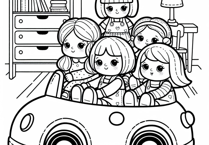 Куклы сидят в игрушечном автомобиле во время поездки по комнате – раскраска бесплатно