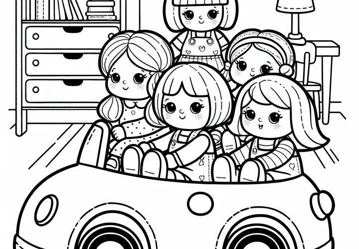 Куклы сидят в игрушечном автомобиле во время поездки по комнате – раскраска бесплатно