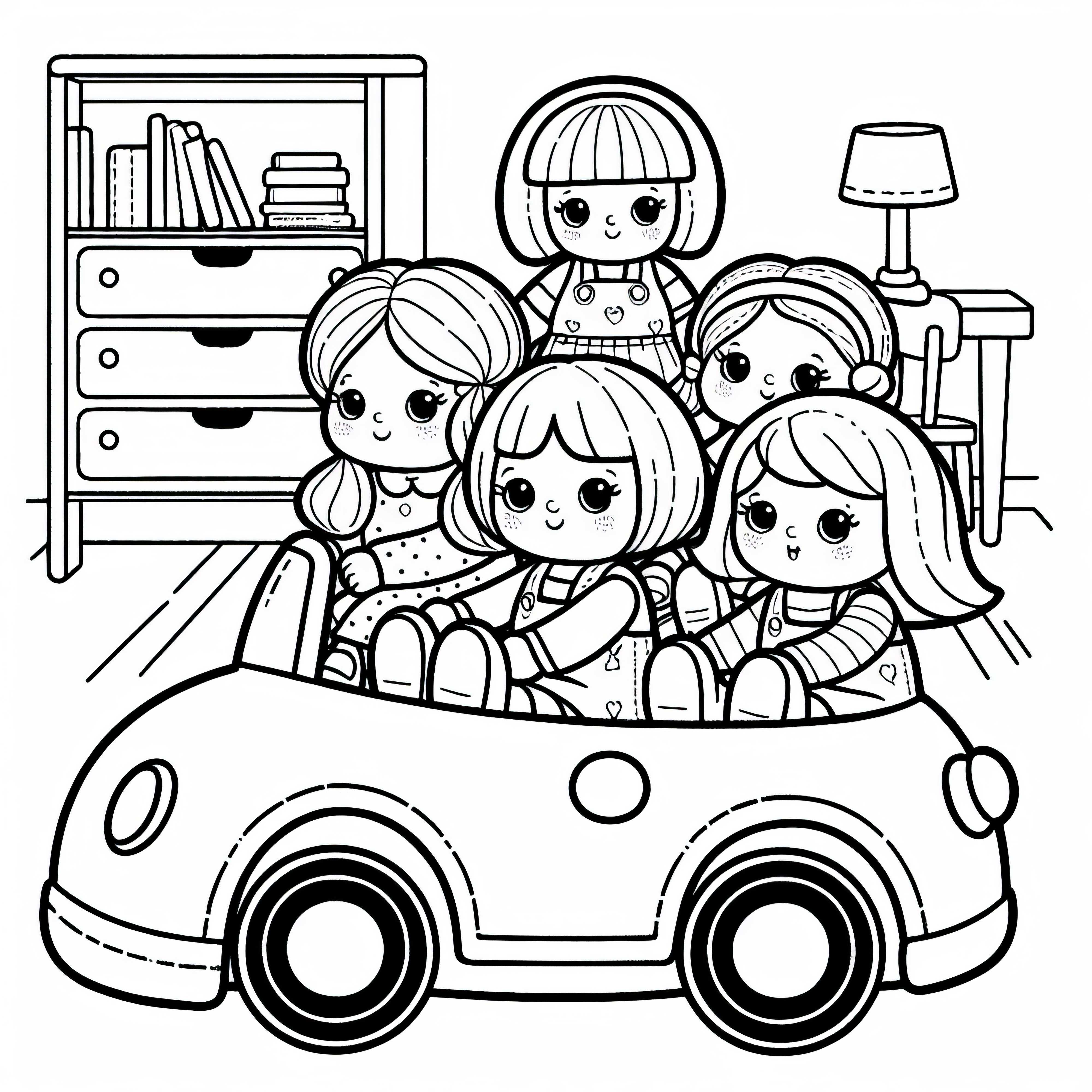 Куклы сидят в игрушечном автомобиле на прогулке по комнате – раскраска бесплатно Куклы сидят в игрушечном автомобиле во время поездки по комнате – раскраска бесплатно