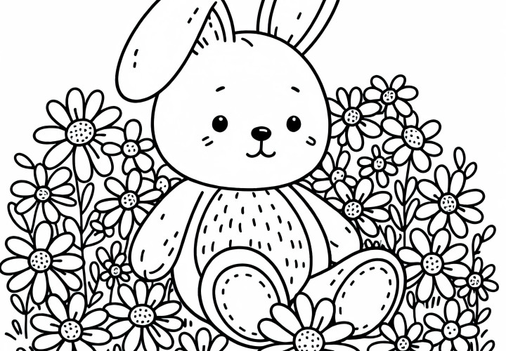 Cuddly bunny sits on a flower meadow - free coloring page