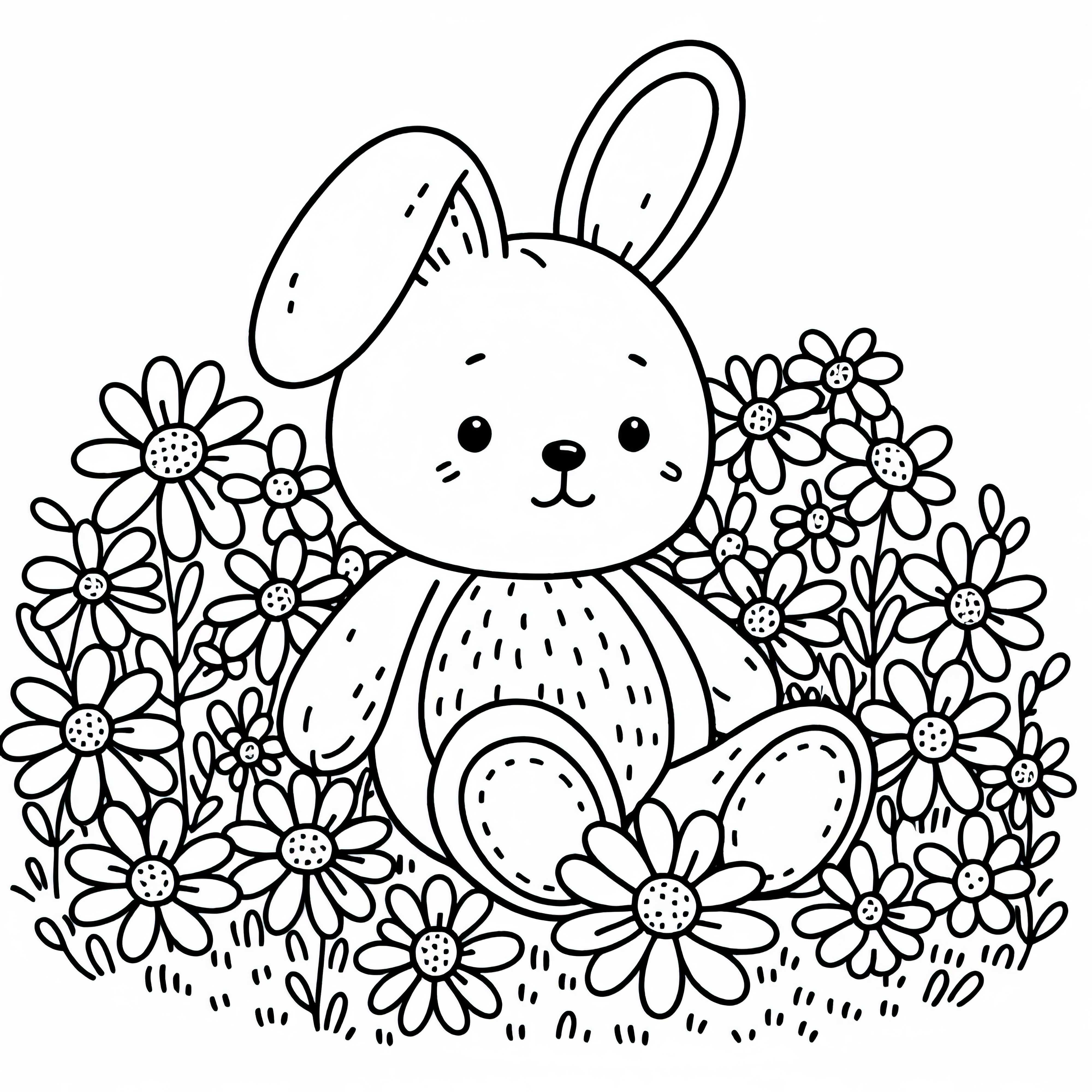 Cuddly bunny sitting on a flower meadow – Free coloring template Cuddle bunny sits on flower meadow - free coloring page