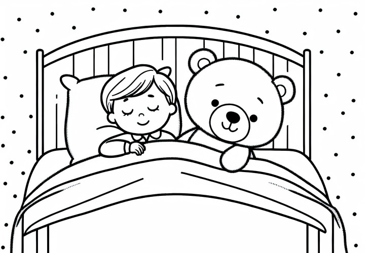 Child sleeps peacefully with teddy bear in bed – Free coloring page