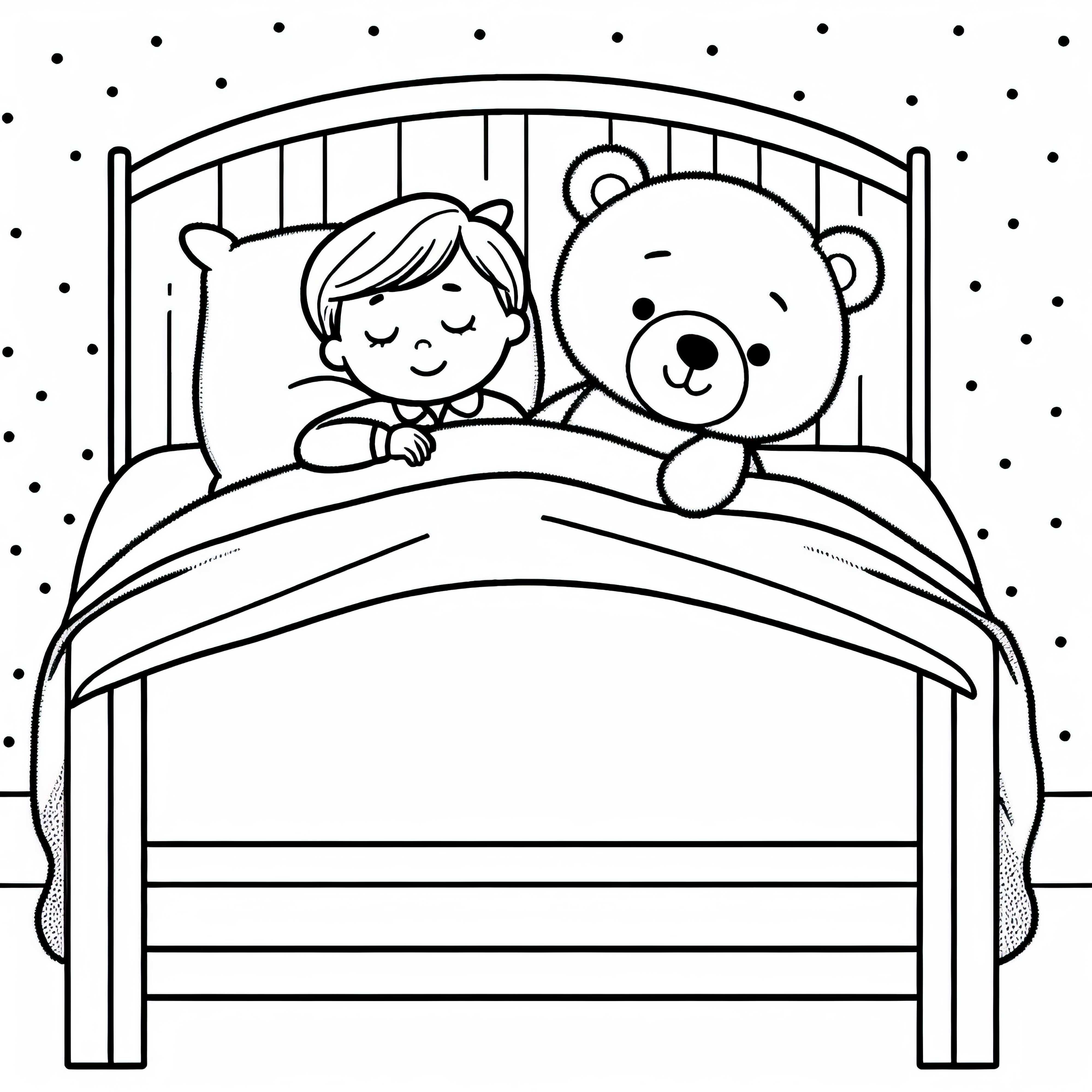 Child sleeps peacefully with teddy bear in bed – Free coloring page Child sleeps peacefully with teddy bear in bed – Free coloring page
