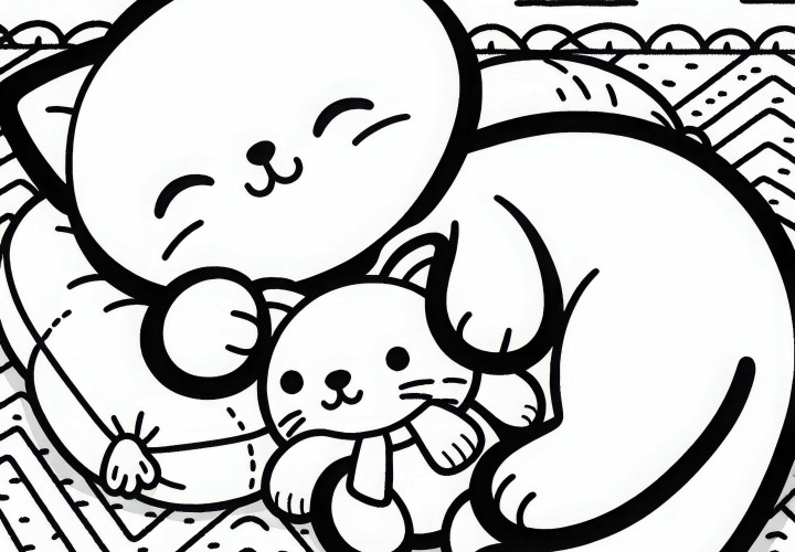Cat cuddles with stuffed animal - Coloring page for free download