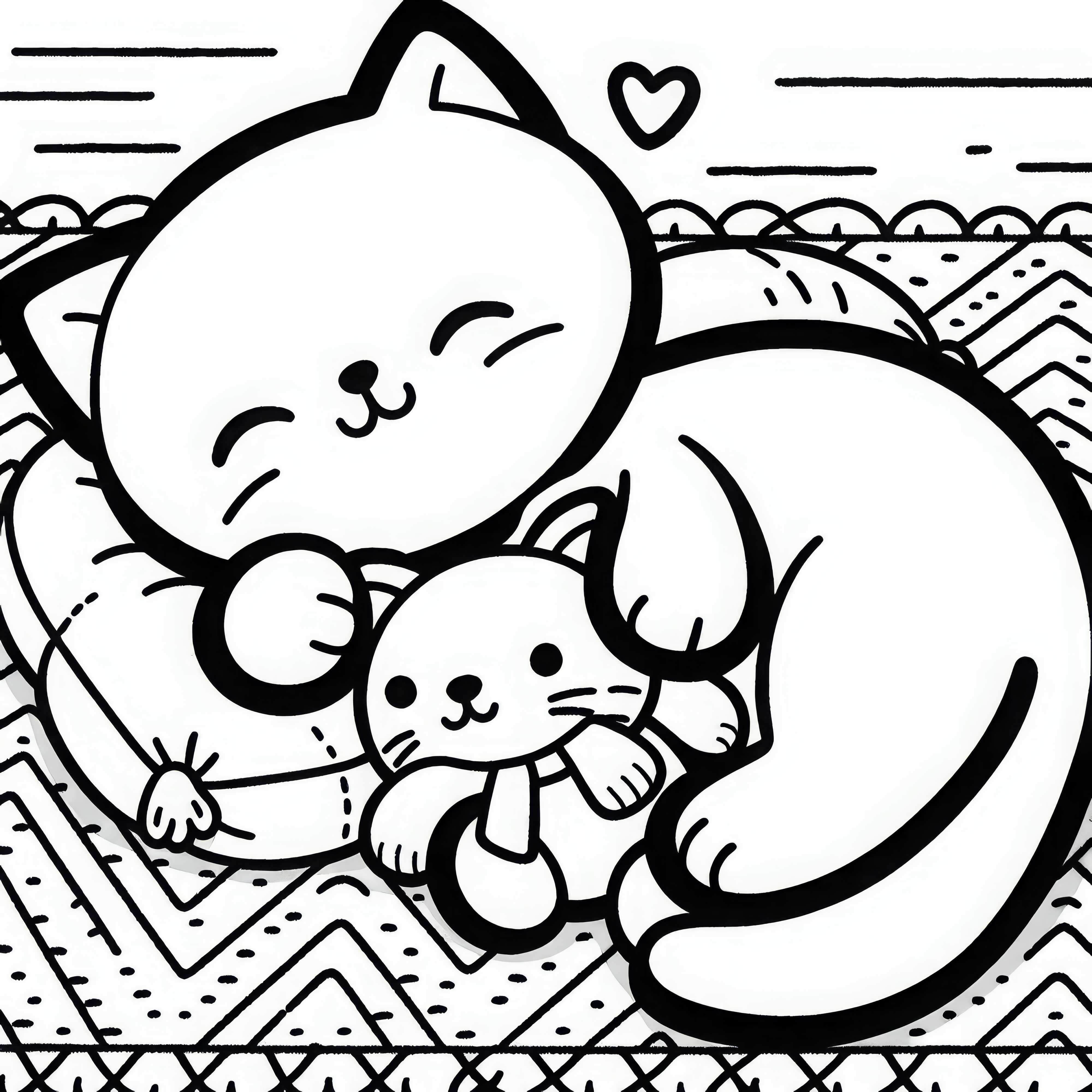 Cat cuddles up to stuffed animal – Coloring page for free download