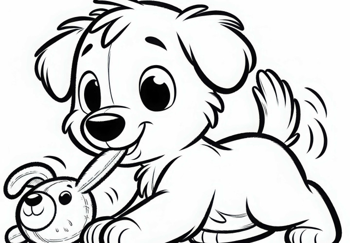 Dog playfully pulls stuffed animal by the ear – Free coloring page