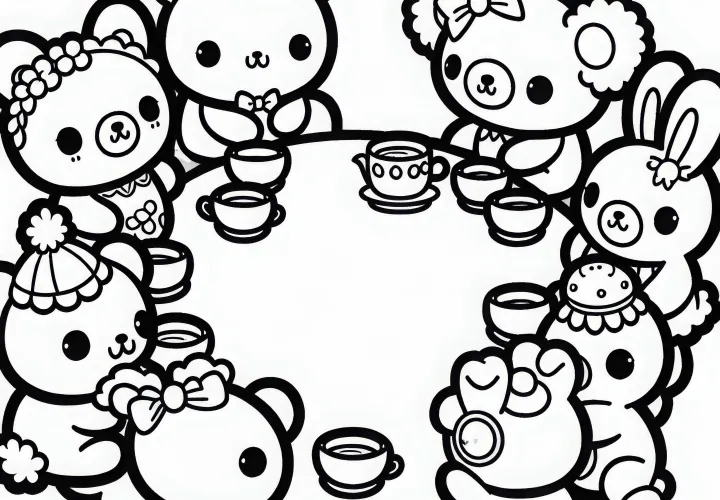 Несколько мягких игрушек сидят в кругу на чаепитии – бесплатная раскраска