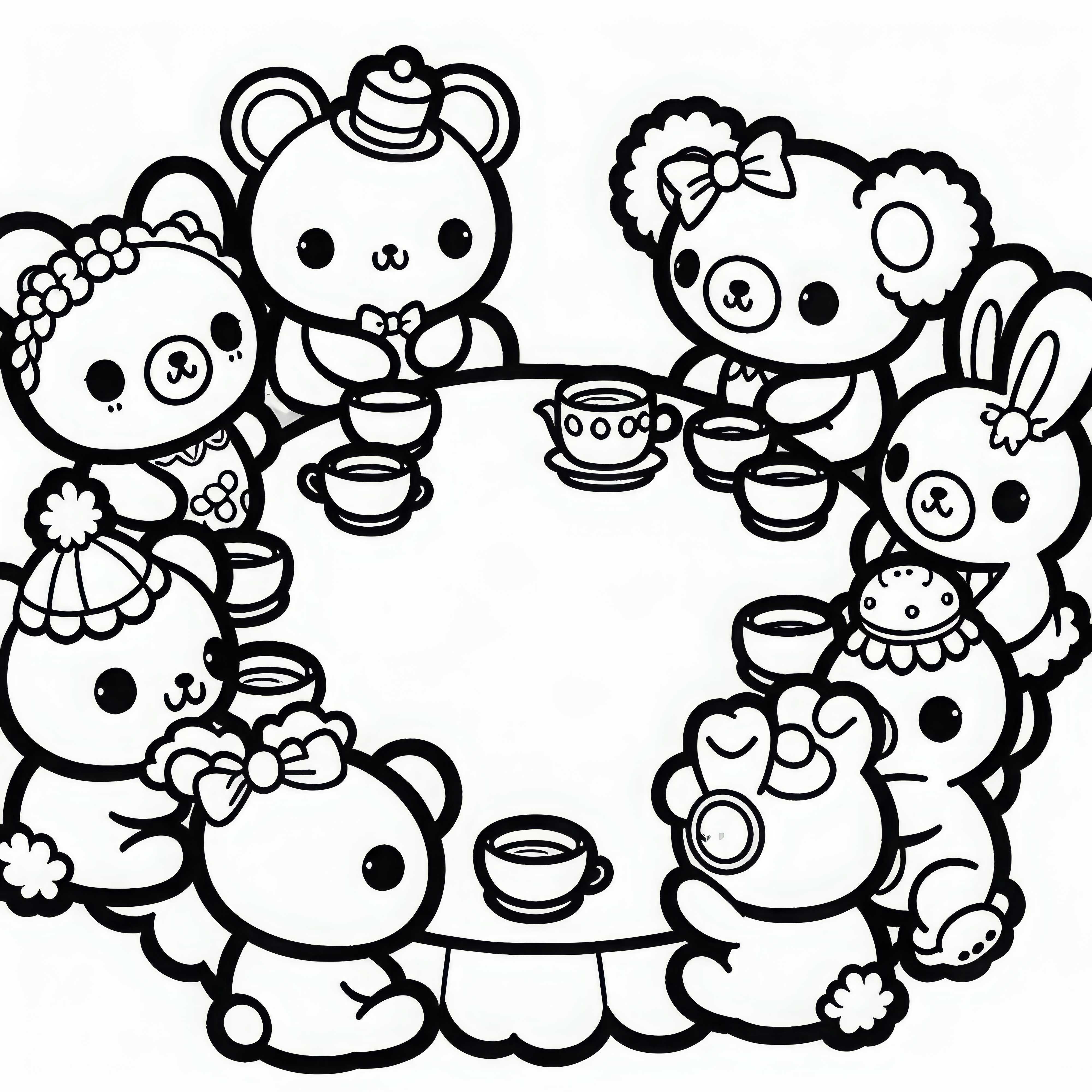 Several stuffed animals are sitting in a circle at a tea party - free coloring page Several stuffed animals are sitting in a circle at a tea party - coloring page free of charge