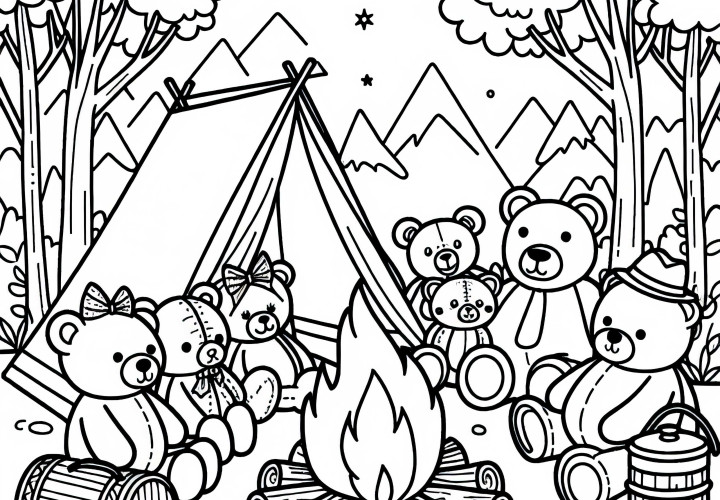 Stuffed animals sit comfortably around a campfire - free coloring page