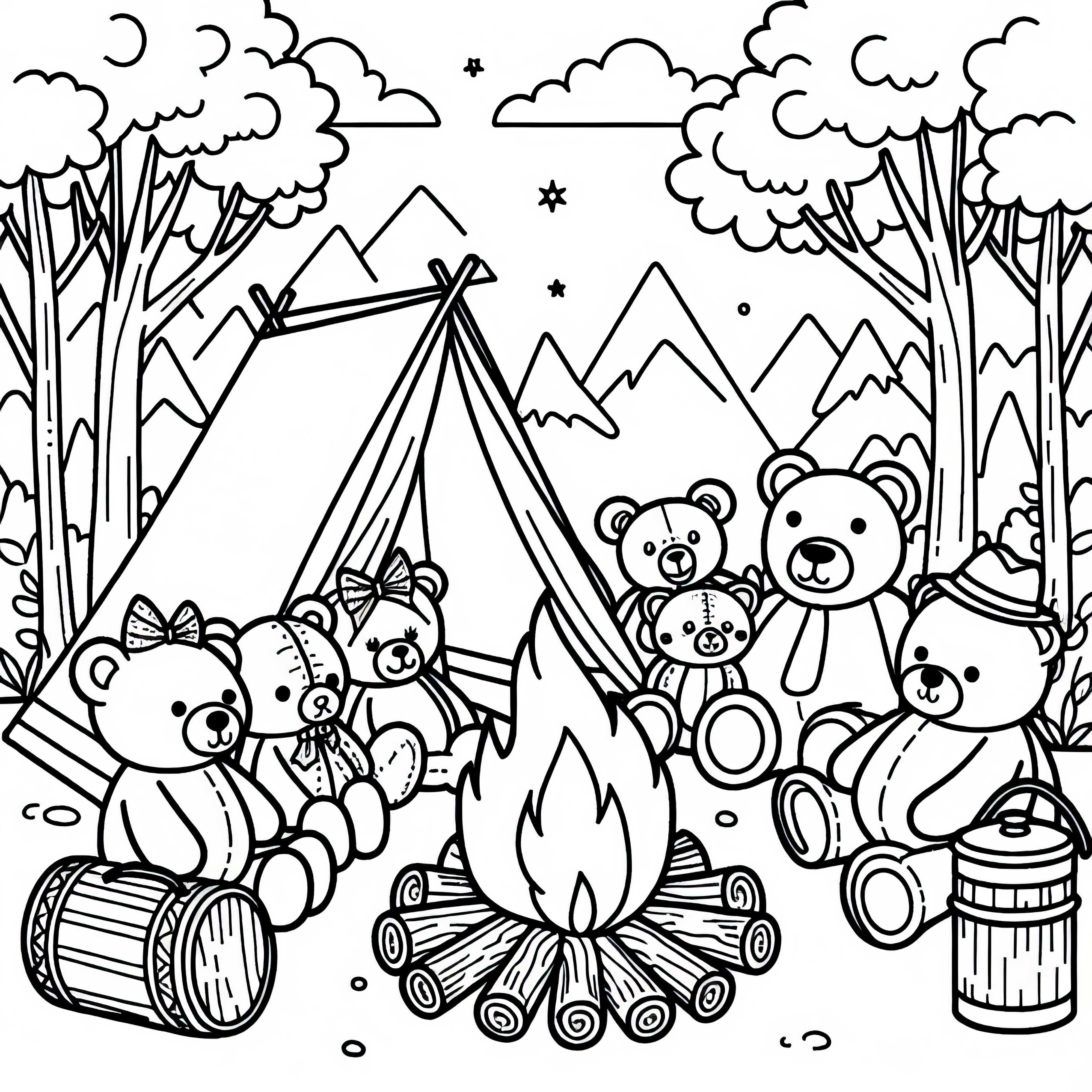 Stuffed animals sitting cozily around a campfire - free coloring template Stuffed animals sit cozily around a campfire - free coloring page