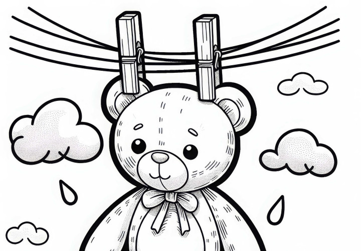 Stuffed animal hangs freshly washed on the clothesline - Free coloring page