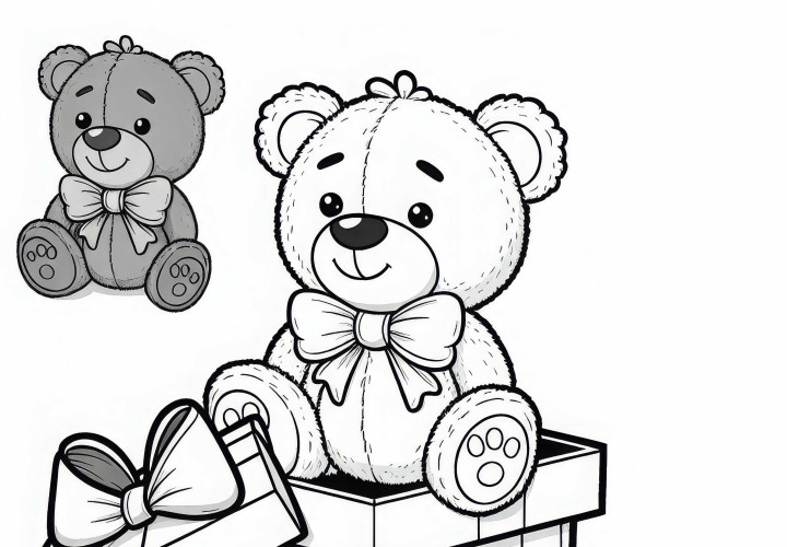 Cuddle bear sits smiling on a gift box – Free coloring page