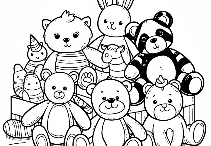 Several stuffed animals as a coloring page for free