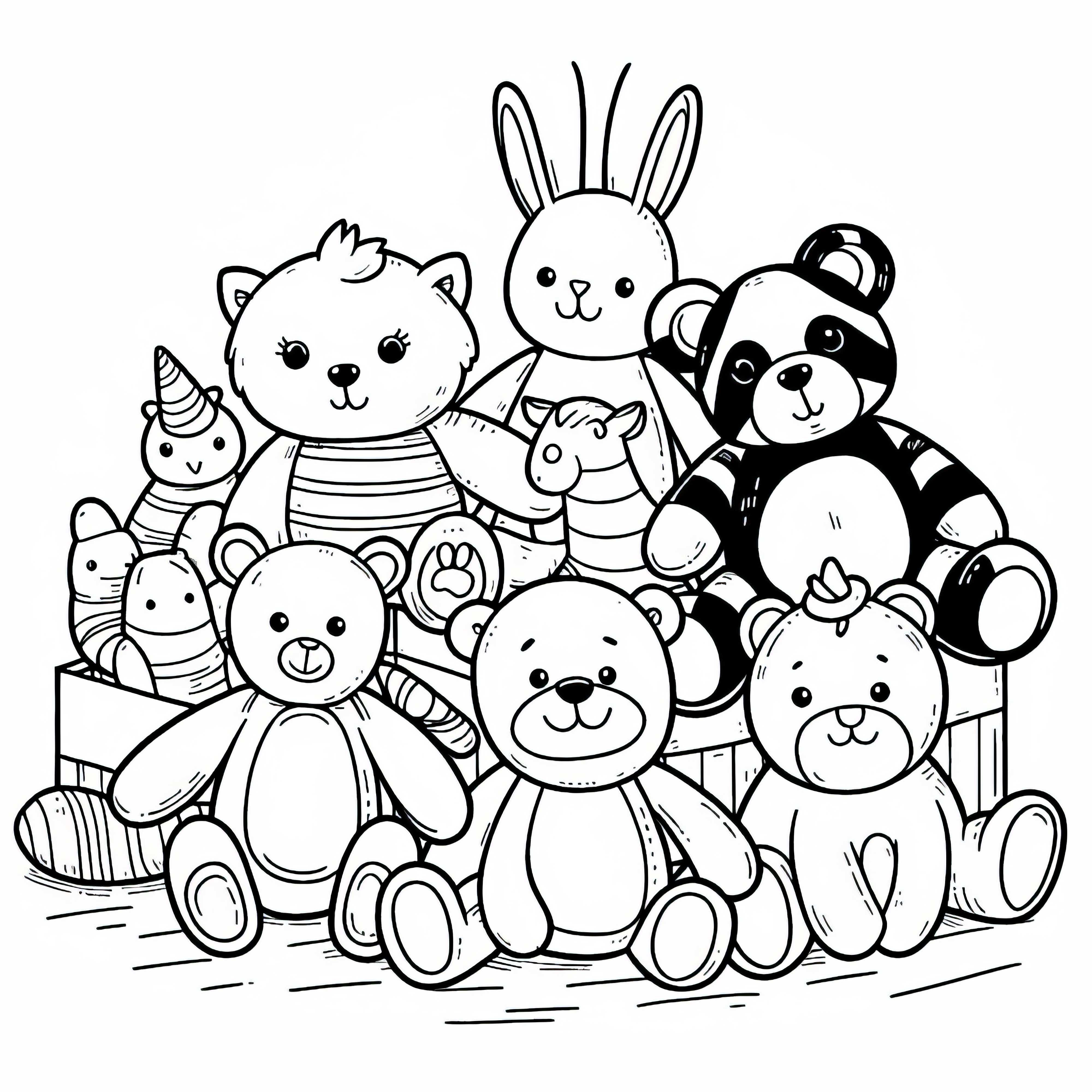 Several stuffed animals as a coloring page for free Several stuffed animals as a free coloring page
