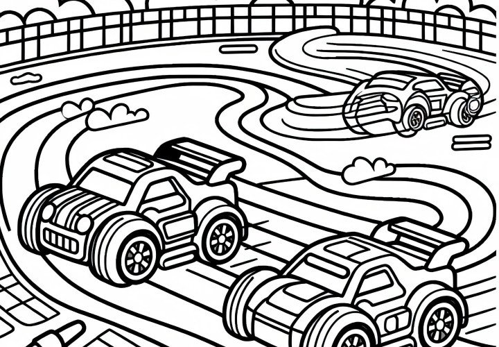Игрушечные машинки проводят гонки на гоночной трассе – Раскраска бесплатно