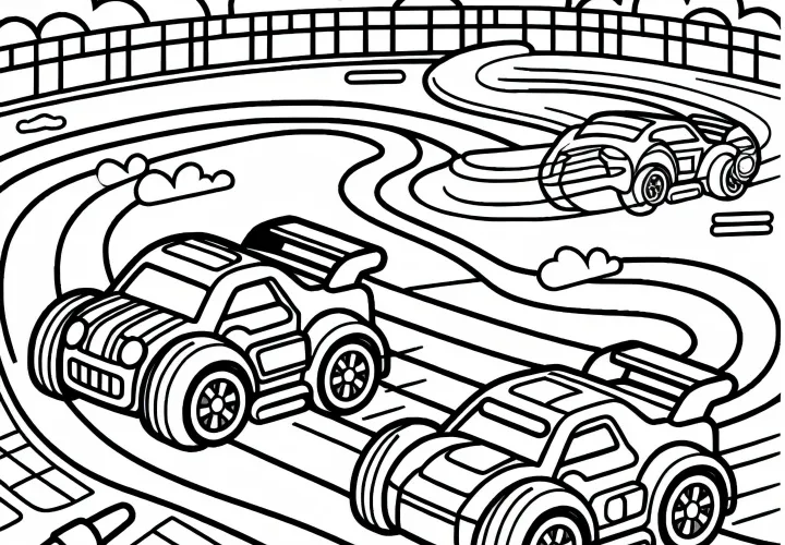 Игрушечные машинки проводят гонки на гоночной трассе – Раскраска бесплатно