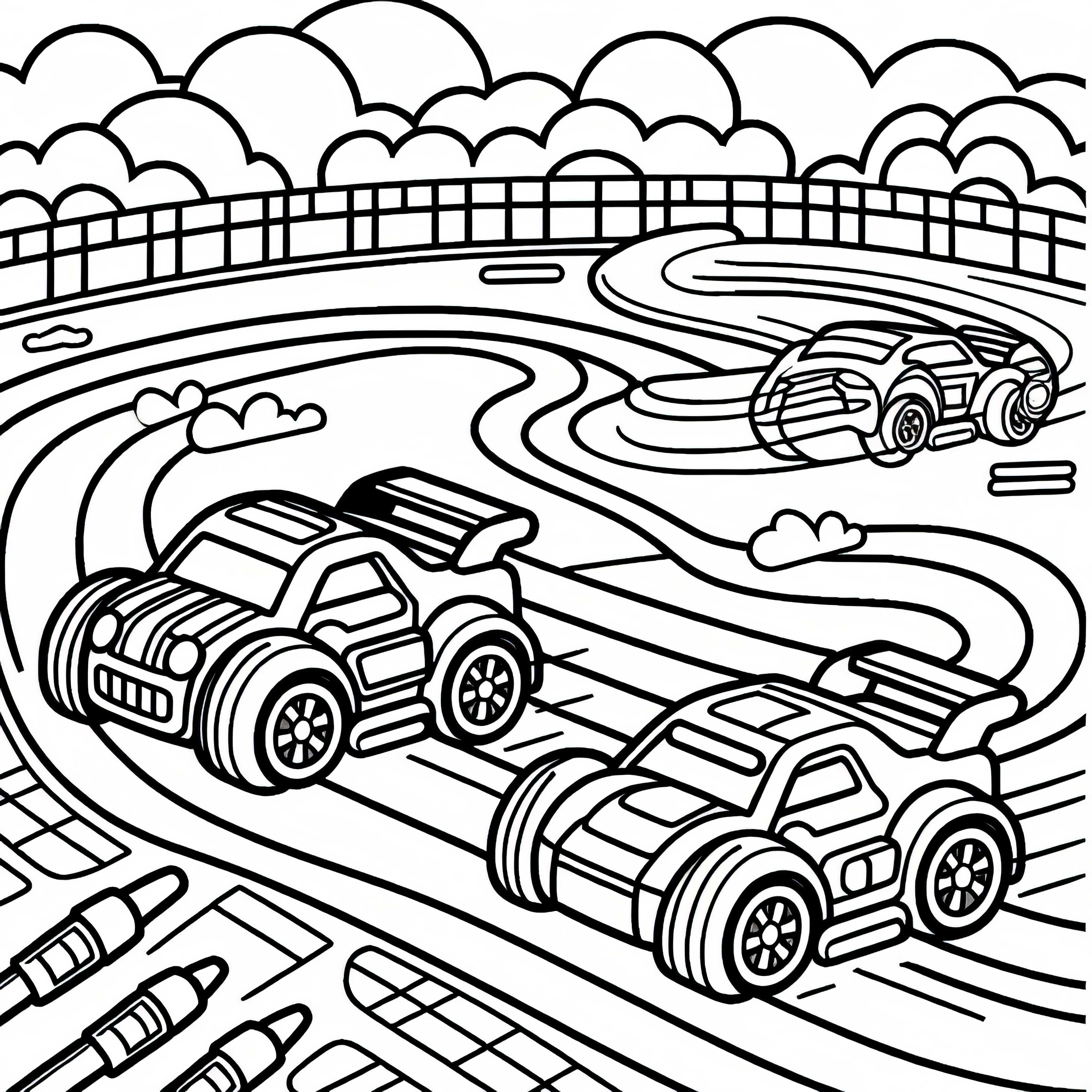 Игрушечные машинки устраивают гонки на гоночной трассе – Раскраска бесплатно Игрушечные машинки устраивают гонки на гоночной трассе – раскраска бесплатно