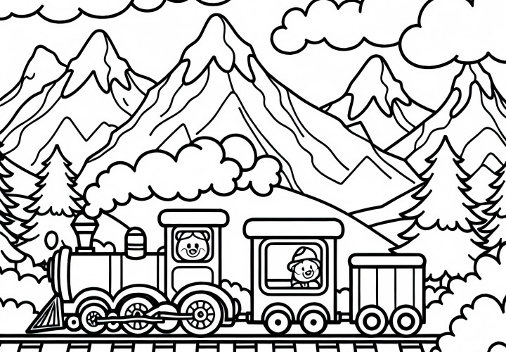 Игрушечная железная дорога проезжает через горный ландшафт – бесплатно скачать раскраску