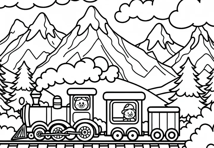 Игрушечная железная дорога проезжает через горный ландшафт – бесплатно скачать раскраску
