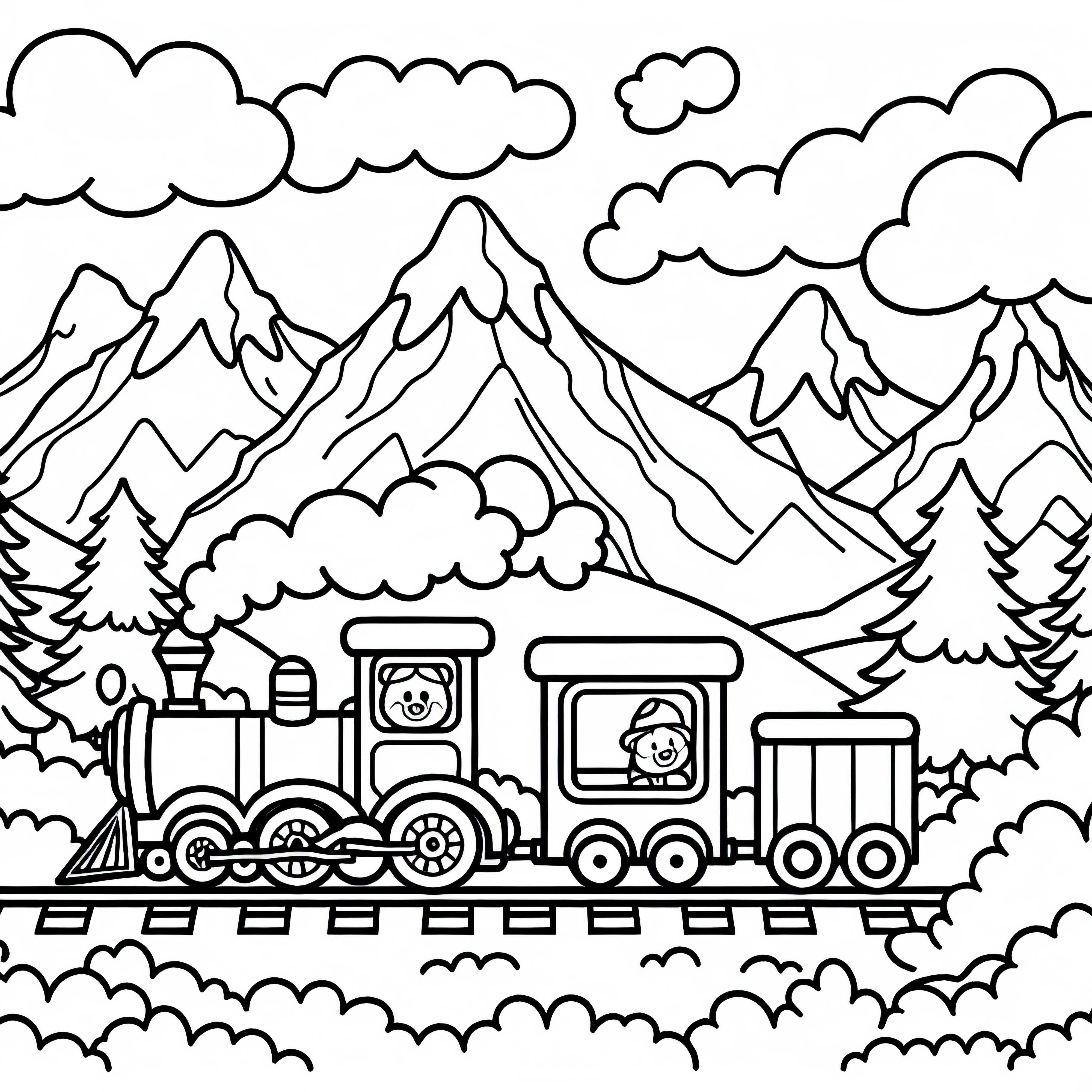 Игрушечная железная дорога проходит через горный пейзаж – Раскраска бесплатно для загрузки Игрушечная железная дорога проходит через горный ландшафт – раскраска для бесплатной загрузки