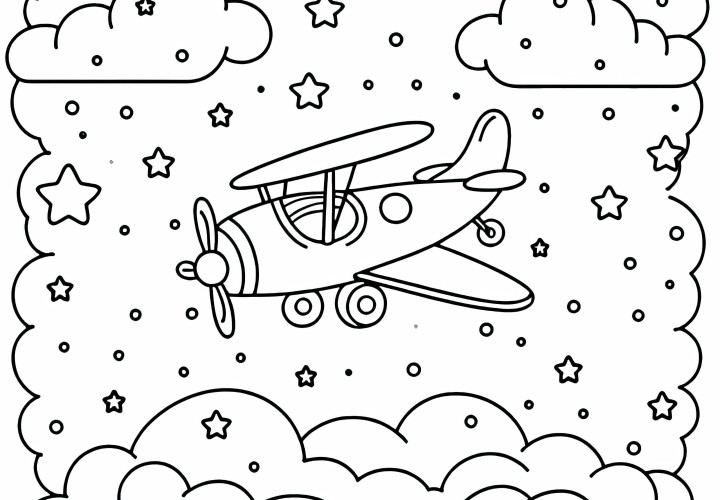 Игрушечный самолет летит над облаками - Раскраска бесплатно