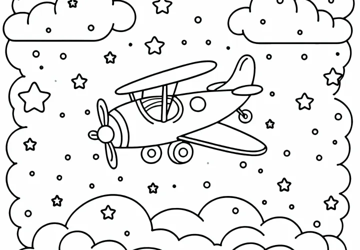 Игрушечный самолет летит над облаками - Раскраска бесплатно