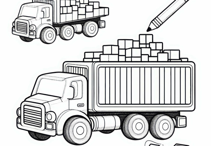 Игрушечный грузовик загружает строительные блоки на кузов - бесплатный раскраски