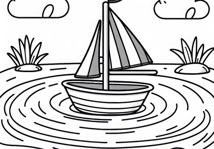 Игрушечный парусник Плавает на пруду – Раскраска Бесплатно