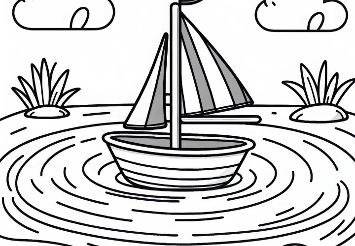 Игрушечный парусник Плавает на пруду – Раскраска Бесплатно